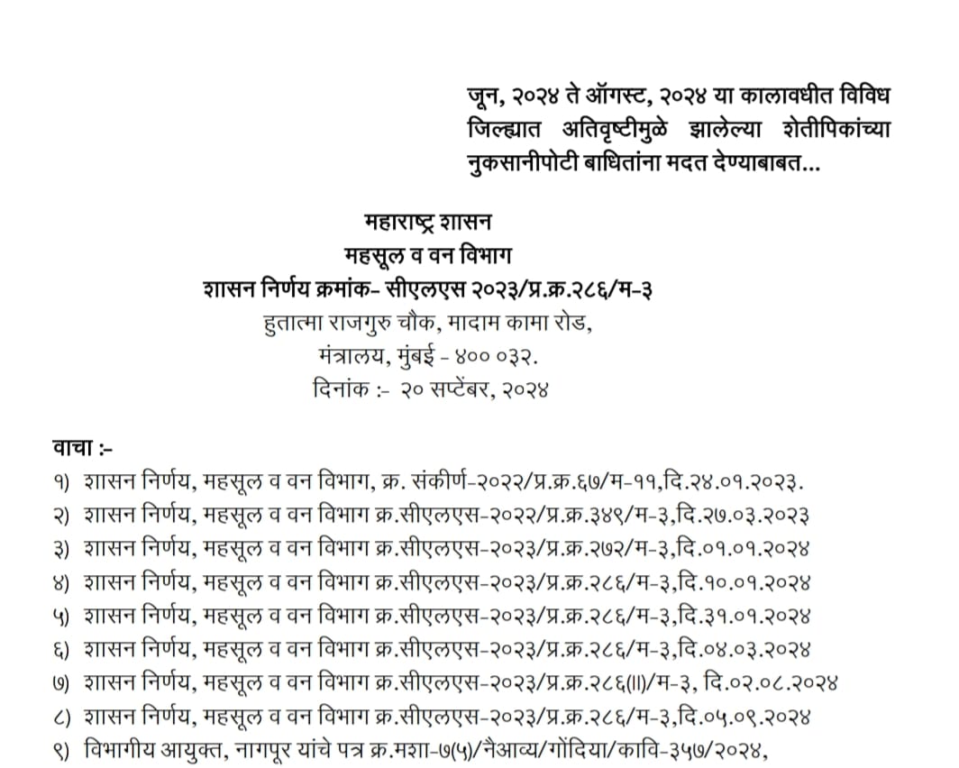 अतिवृष्टीमुळे झालेल्या शेती पिकांच्या नुकसानीपोटी बाधितांना मदत देण्याबाबत